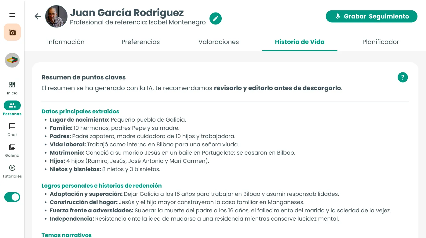 Historia de Vida en el perfil de una persona en Amaia Conecta: el «Resumen de puntos claves» para consultar, sin botones de edición.
