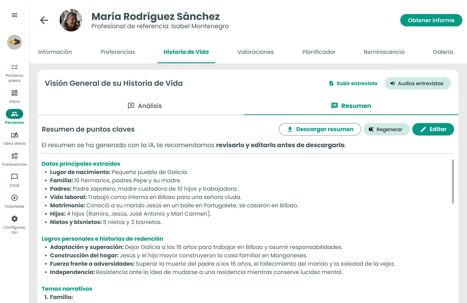 Pestaña «Resumen» en Amaia Profesionales: «Resumen de puntos claves» con los botones Descargar resumen, Regenerar y Editar, el aviso de que se ha generado con IA y los bloques Datos principales extraídos, Logros personales e historias de redención y Temas narrativos.