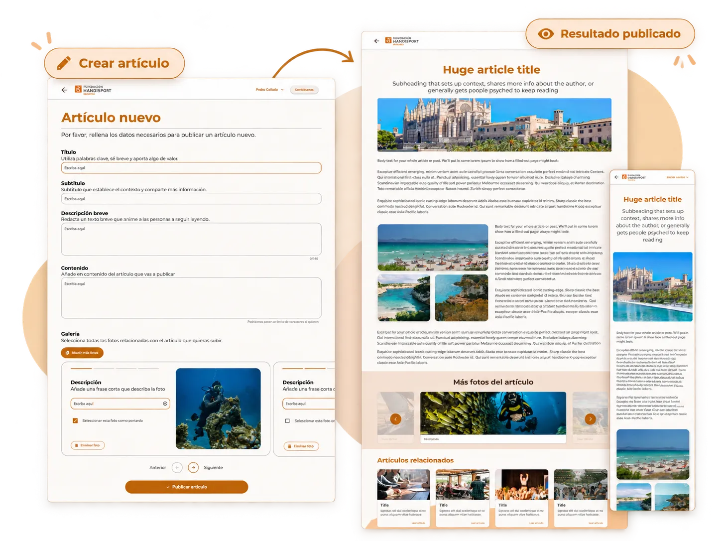 Crear artículo → Resultado publicado. A la izquierda, el formulario «Artículo nuevo» con título, subtítulo, descripción breve, contenido y galería con descripción de cada foto y la opción de elegir portada. A la derecha, el artículo publicado en escritorio y en móvil, con título, imágenes, «Más fotos del artículo» y artículos relacionados.