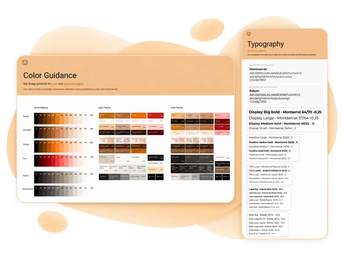 Fundamentos visuales: Color Guidance, con las paletas tonales (Primary, Secondary, Tertiary, Error, Neutral y Neutral Variant) y los roles de color de los temas claro y oscuro; y Typography, con Montserrat como fuente principal para titulares y Roboto como secundaria, y la escala de estilos Display, Headline, Title, Label y Body.