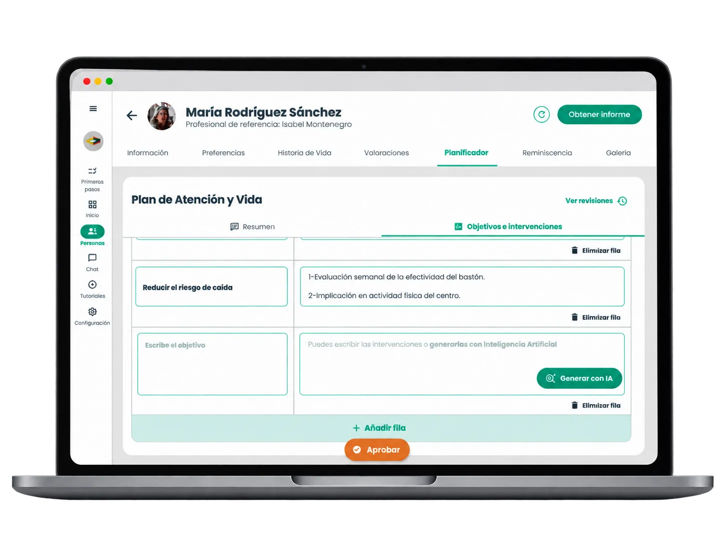 Objetivos e intervenciones en modo edición en Amaia Profesionales: una fila nueva con «Escribe el objetivo» y, en las intervenciones, «Puedes escribir las intervenciones o generarlas con Inteligencia Artificial» con el botón «Generar con IA», resaltado.