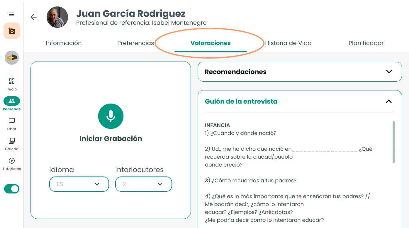Antes: la grabación de la entrevista en Amaia Conecta se abría dentro de la pestaña Valoraciones, marcada en naranja.