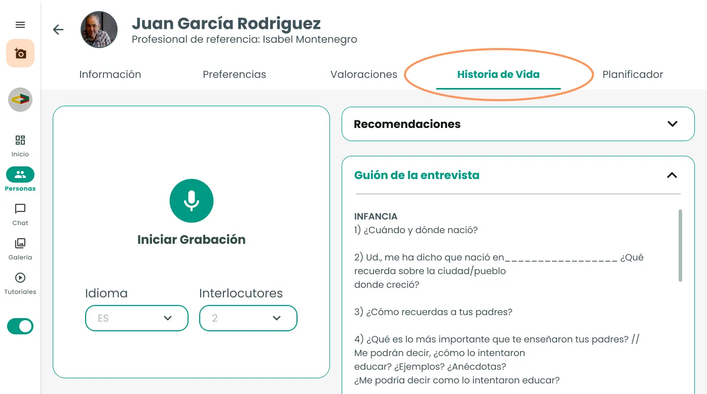 Después: la misma grabación se abre dentro de la pestaña Historia de Vida, marcada en naranja.