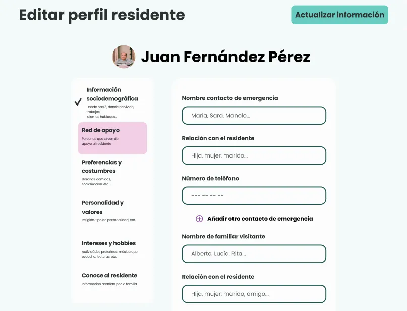 Pantalla «Editar perfil residente» de una versión anterior: menú de secciones con la activa en rosa, formulario de contacto de emergencia y botón «Actualizar información» con fondo verde.