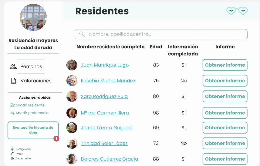 Listado «Residentes» de una versión anterior de Amaia Profesionales: buscador, tabla con nombre, edad e información completada, y un botón «Obtener informe» con borde en cada fila.