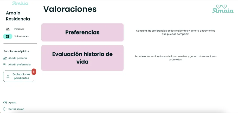 Pantalla «Valoraciones» de una versión anterior: dos bloques rosas, «Preferencias» y «Evaluación historia de vida», con su descripción al lado.