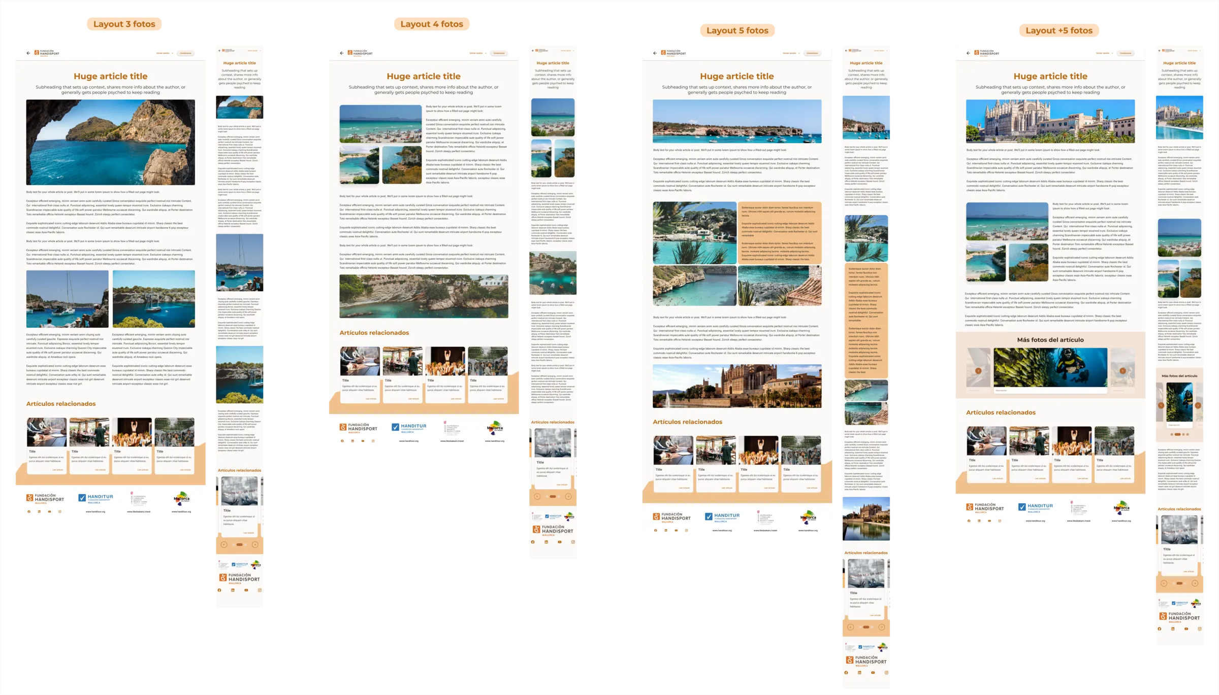 Las cuatro variantes de layout de un artículo, cada una en escritorio y en móvil: Layout 3 fotos, Layout 4 fotos, Layout 5 fotos y Layout +5 fotos, que reorganizan imágenes y texto según la cantidad de fotografías; la de +5 añade un carrusel «Más fotos del artículo».