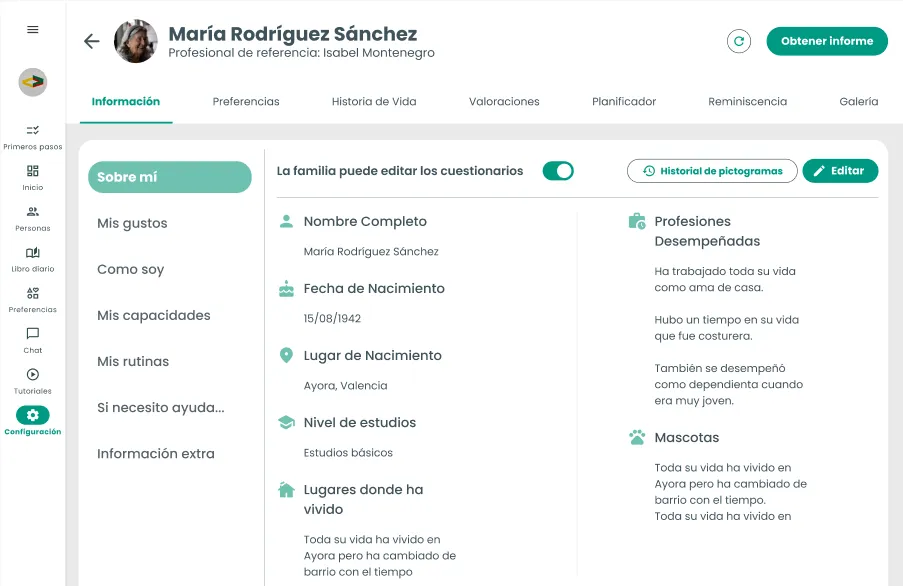 El mismo perfil en la V2 final: navegación global persistente a la izquierda (Primeros pasos, Inicio, Personas, Libro diario, Preferencias, Chat, Tutoriales, Configuración) y, dentro del perfil, pestañas de Información, Preferencias, Historia de Vida, Valoraciones, Planificador, Reminiscencia y Galería.