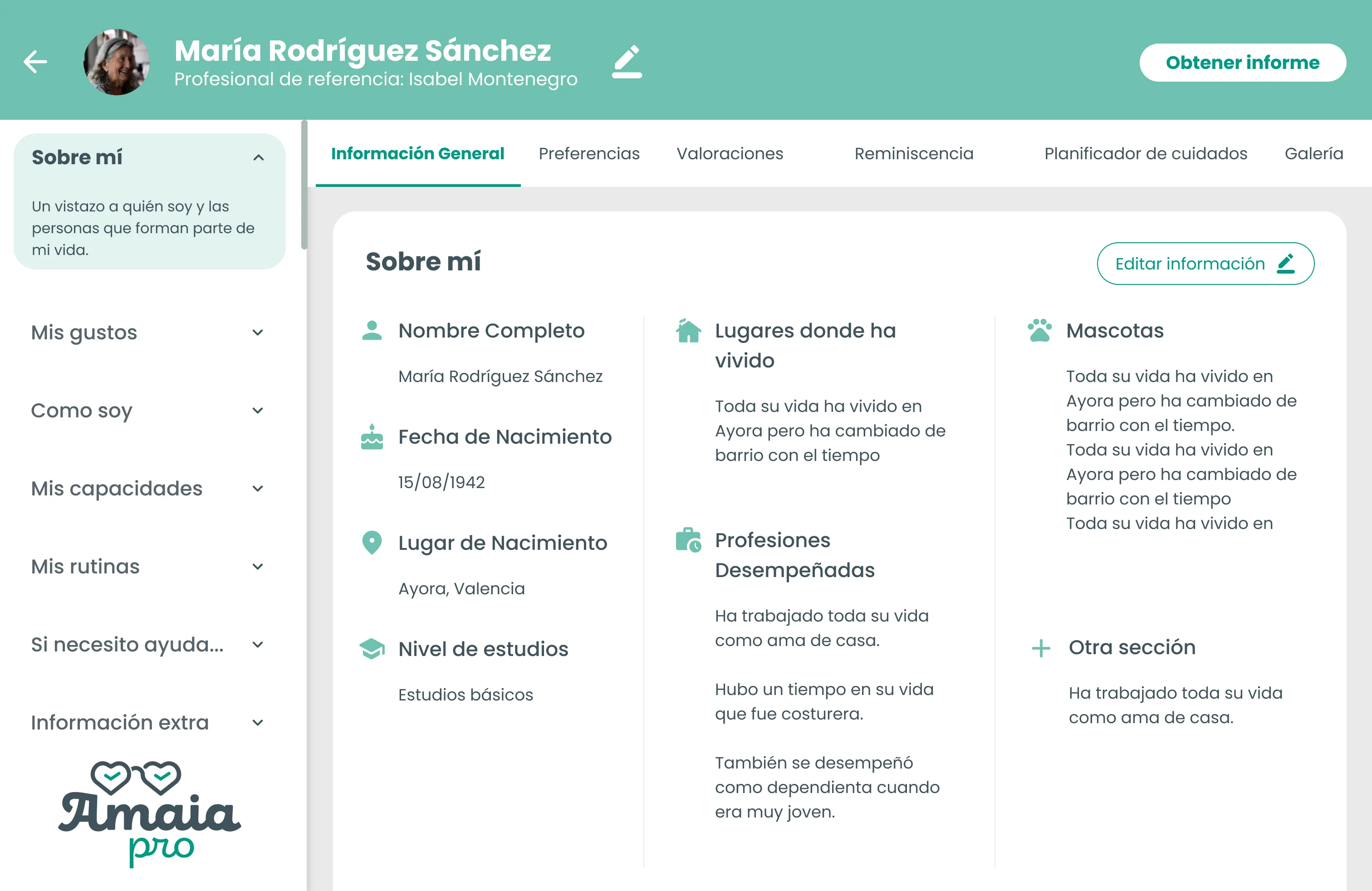 Perfil de una residente en la primera etapa: cabecera verde con su nombre y el botón «Obtener informe», pestañas de secciones y la ficha «Sobre mí» con sus datos en tres columnas.