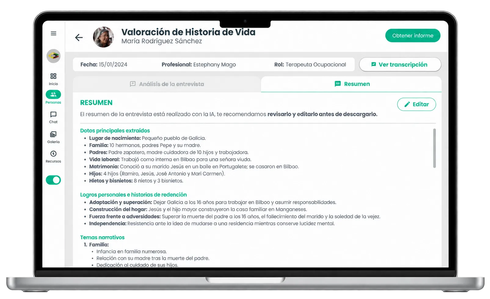 Propuesta de resumen estructurado en Amaia Profesionales: bloques «Datos principales extraídos», «Logros personales e historias de redención» y «Temas narrativos», en listas.