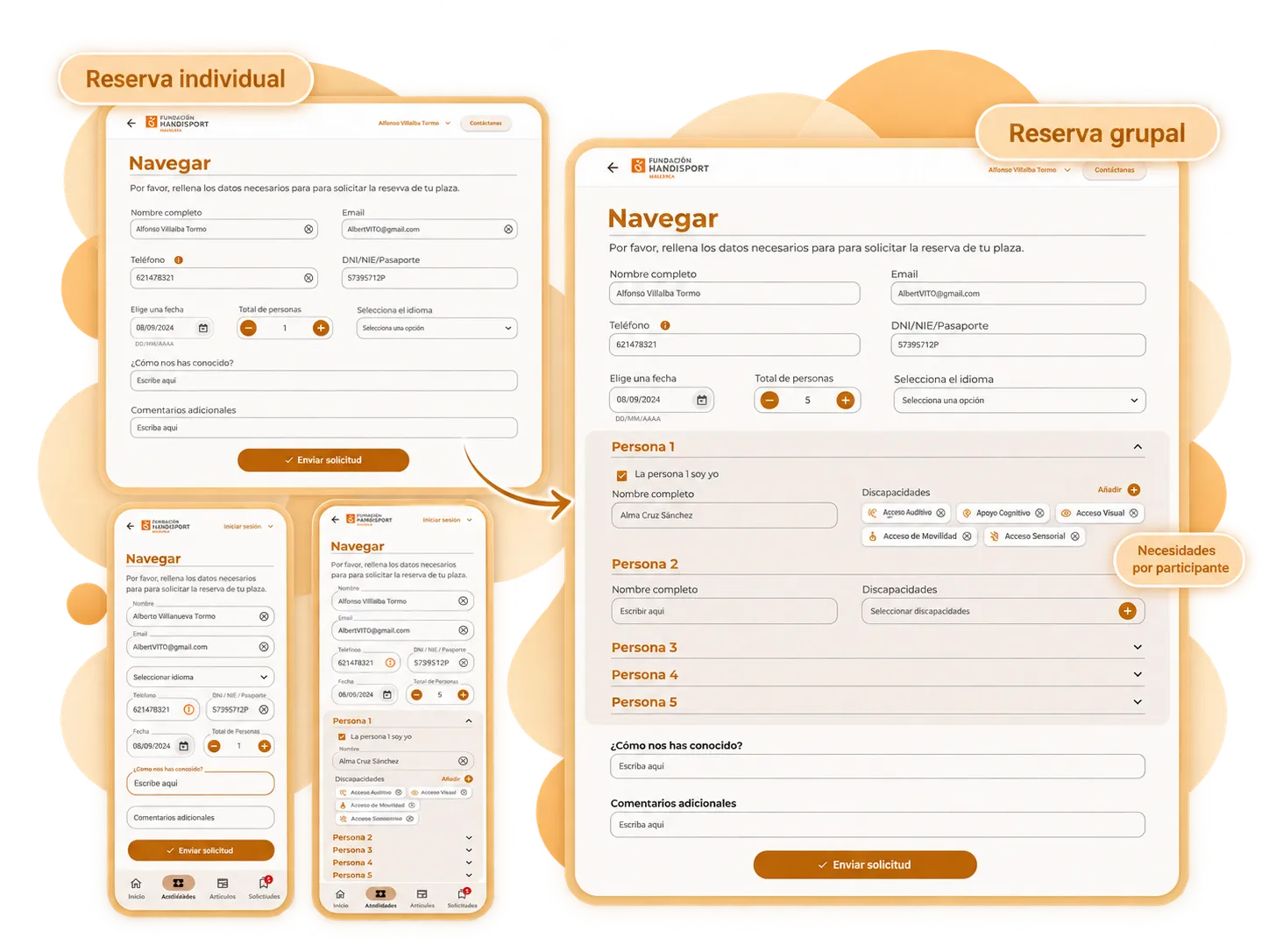 Del formulario de reserva individual al grupal. Reserva individual: el formulario de Navegar con datos personales, fecha, total de personas (1) e idioma, en escritorio y en móvil. Reserva grupal: con 5 personas aparecen acordeones Persona 1 a Persona 5; Persona 1 «soy yo» con sus discapacidades añadidas, Persona 2 con su propio selector de discapacidades y el resto plegadas. Callout: Necesidades por participante.