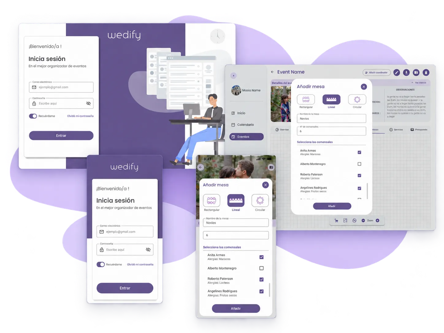 Composición de producto con dos pantallas de escritorio y dos de móvil: el inicio de sesión de Wedify en web y en móvil, y la ventana «Añadir mesa» —con tipos de mesa, nombre, número de comensales y selección de comensales con sus alergias— en el plano del evento en escritorio y en móvil.