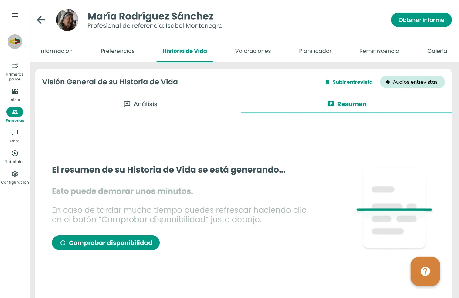 Pestaña Resumen mientras se genera: «El resumen de su Historia de Vida se está generando… Esto puede demorar unos minutos», con el botón «Comprobar disponibilidad».