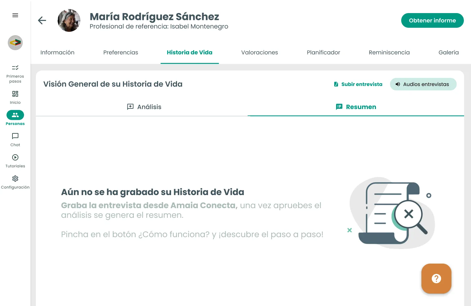 Pestaña Resumen en estado vacío: «Aún no se ha grabado su Historia de Vida. Graba la entrevista desde Amaia Conecta, una vez apruebes el análisis se genera el resumen», con una invitación al botón «¿Cómo funciona?».