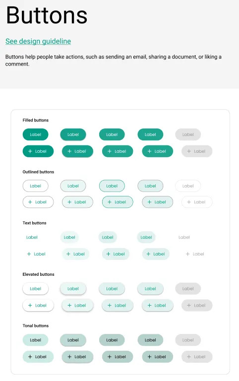 Página Buttons del sistema: botones filled, outlined, text, elevated y tonal en verde Amaia, cada uno con sus estados y con y sin icono.